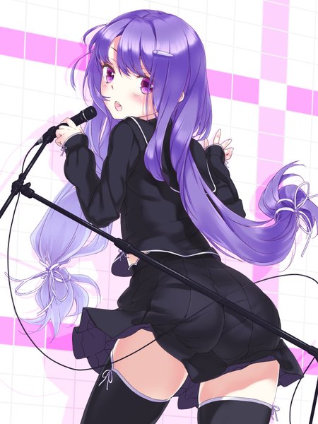 Anime picture 1200x1600 with original coracola single long hair tall image blush open mouth purple eyes purple hair girl thighhighs skirt uniform black thighhighs school uniform miniskirt microphone stand