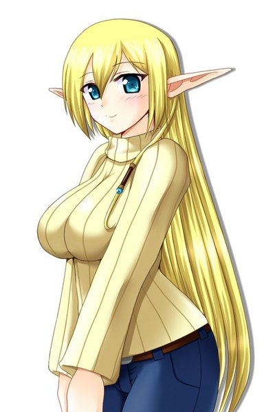 Anime picture 600x900 with gate - jieitai ka no chi nite kaku tatakaeri a-1 pictures tuka luna marceau tagme (artist) single long hair tall image looking at viewer blush fringe breasts blue eyes simple background blonde hair large breasts white background light smile pointy ears elf girl