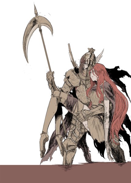 Anime picture 1776x2485 with elden ring malenia blade of miquella cleanrot knight finlay shindol long hair tall image highres open mouth simple background red eyes white background multiple girls holding red hair carrying broken armor girl weapon 2 girls armor