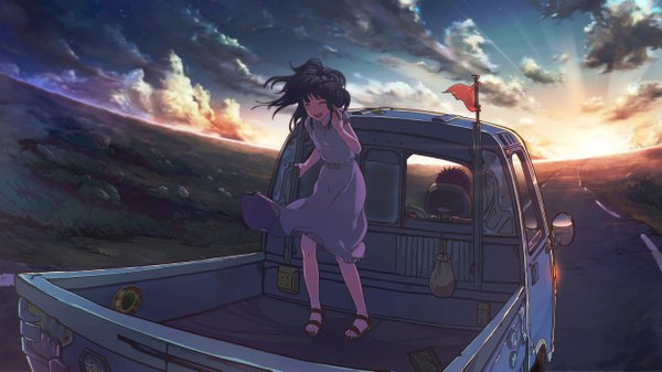 Anime picture 2500x1406 with original vocaloid m.b blush highres short hair open mouth black hair smile brown hair wide image standing sitting holding sky cloud (clouds) full body outdoors eyes closed barefoot