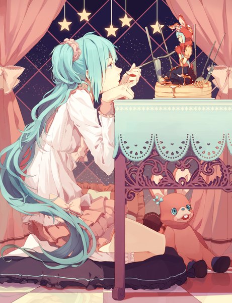 Anime picture 1815x2362 with vocaloid lol -lots of laugh- (vocaloid) hatsune miku ovos tall image highres blue eyes twintails very long hair profile aqua hair girl dress socks sweets star (symbol) star (stars) white socks toy stuffed animal