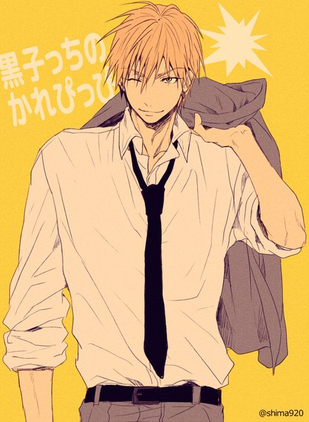 Anime picture 600x820 with kuroko no basket production i.g kise ryouta mashima shima single tall image fringe short hair simple background blonde hair smile hair between eyes signed yellow eyes looking away one eye closed wink text piercing ear piercing