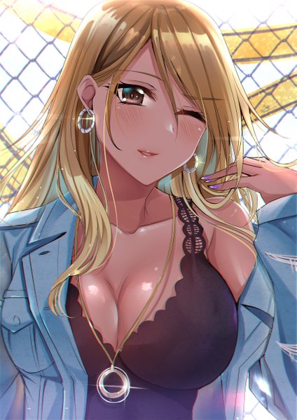 Anime picture 3507x4960 with idolmaster idolmaster shiny colors izumi mei gu li single long hair tall image looking at viewer blush fringe highres breasts open mouth light erotic blonde hair hair between eyes large breasts brown eyes payot absurdres