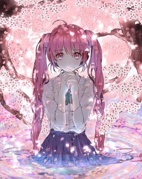 Anime picture 1489x1868 with vocaloid hatsune miku sakura miku koko (kotobutyann) single long hair tall image looking at viewer twintails pink hair ahoge pink eyes cherry blossoms girl plant (plants) petals tree (trees) water