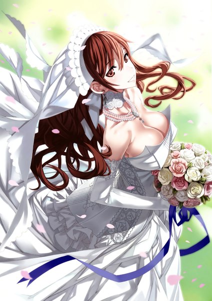 Anime picture 2100x2970 with valkyria chronicles alicia melchiott honjou raita single long hair tall image highres breasts light erotic smile brown hair large breasts brown eyes cleavage scan girl dress gloves flower (flowers) petals