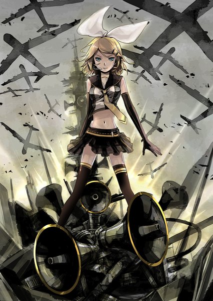 Anime picture 1181x1665 with vocaloid koi wa sensou (vocaloid) kagamine rin single tall image short hair blonde hair smile aqua eyes girl thighhighs skirt gloves bow elbow gloves microphone aircraft airplane megaphone senbei (roof-lock)