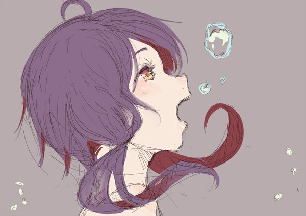 Anime picture 841x595 with vocaloid yuzuki yukari ainoya single long hair open mouth simple background red eyes twintails bare shoulders looking away purple hair red hair grey background low twintails looking up close-up girl bubble (bubbles)