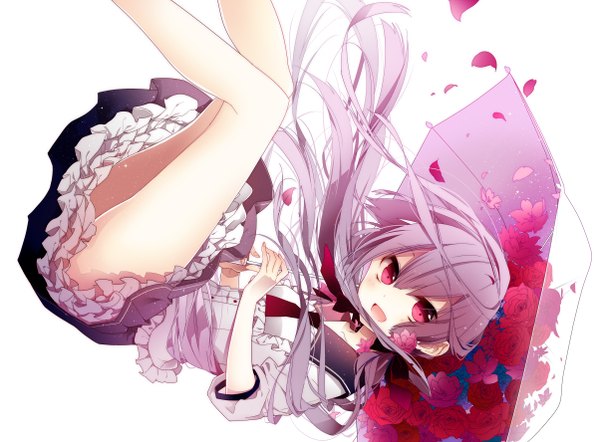 Anime picture 1204x888 with original naoto (tulip) single long hair open mouth white background pink eyes grey hair bare legs legs girl dress flower (flowers) petals frills umbrella