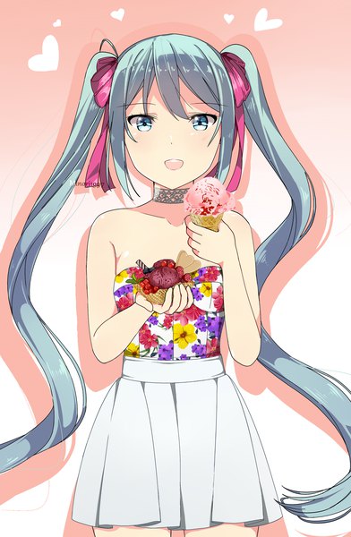 Anime picture 1700x2600 with vocaloid hatsune miku sunnypoppy single tall image looking at viewer open mouth simple background white background twintails bare shoulders signed payot aqua eyes aqua hair shadow gradient background floral print pink background girl