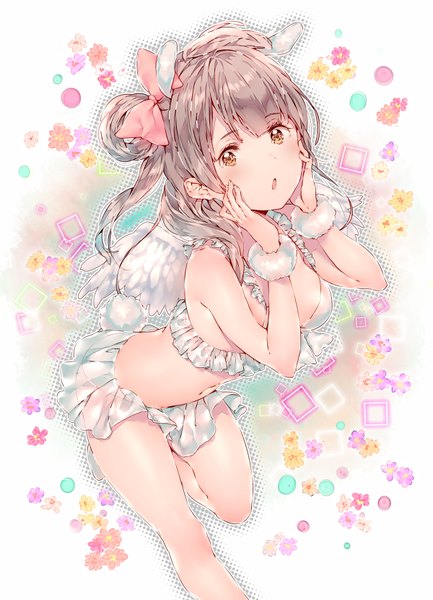 Anime picture 600x830 with love live! school idol project sunrise (studio) love live! minami kotori dsmile single long hair tall image looking at viewer blush light erotic brown eyes one side up angel wings hands on face girl navel hair ornament flower (flowers) swimsuit