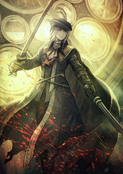 Anime picture 1272x1800 with bloodborne from software lady maria of the astral clocktower anbe yoshirou single long hair tall image blue eyes standing holding payot looking away white hair head tilt sunlight shadow dual wielding girl gloves weapon