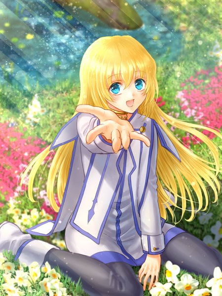 Anime picture 900x1200 with tales of (series) tales of symphonia namco (studio) collet brunel hanasaki komugi single long hair tall image looking at viewer blush fringe open mouth blonde hair smile hair between eyes sitting outdoors aqua eyes sunlight wariza