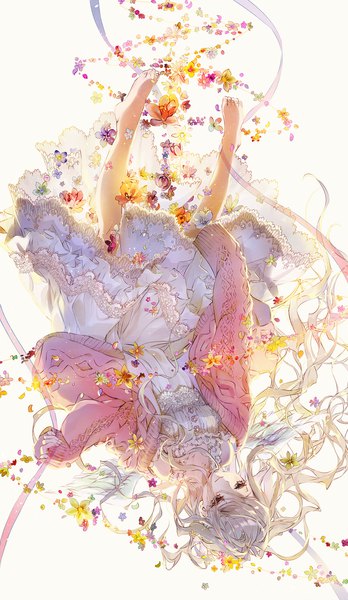 Anime-Bild 754x1300 mit original tsukioka tsukiho single long hair tall image fringe simple background white background looking away silver hair head tilt barefoot light smile sleeves past wrists upside down girl dress flower (flowers) ribbon (ribbons) petals