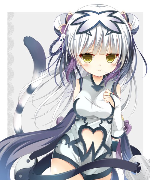 Anime picture 900x1080 with puzzle & dragons haku (p&d) shiiba nae single long hair tall image looking at viewer blush breasts light erotic yellow eyes silver hair tail animal tail multicolored hair hair bun (hair buns) sleeveless yin yang girl dress