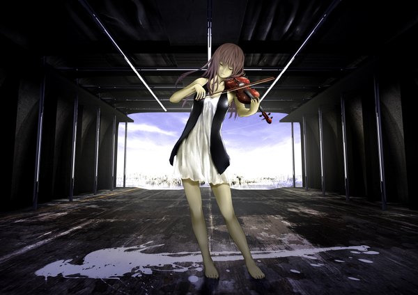 Anime picture 2000x1414 with original loundraw single long hair fringe highres standing holding purple hair eyes closed barefoot bare legs alternate costume sleeveless playing instrument girl dress toes musical instrument violin