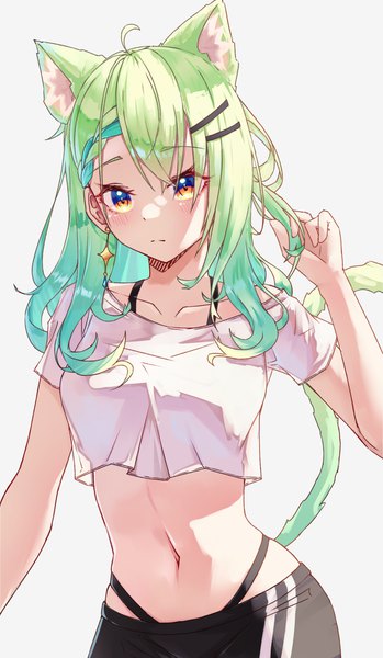 Anime picture 1918x3299 with virtual youtuber hololive hololive english ceres fauna shironekokfp single long hair tall image highres simple background animal ears looking away ahoge tail animal tail green hair cat ears grey background midriff cat girl
