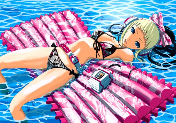 Anime picture 1200x841 with original k (katokenrock) single long hair open mouth blue eyes blonde hair bare shoulders ponytail lying girl navel bow swimsuit hair bow water belt headphones wire (wires) inflatable raft