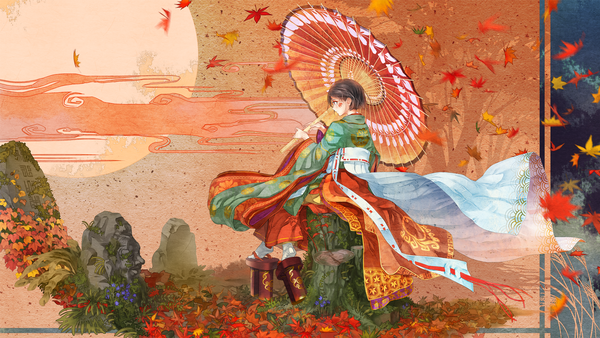 Anime picture 1920x1080 with original okuribi single highres short hair black hair wide image sitting cloud (clouds) full body traditional clothes japanese clothes profile wind wide sleeves facial mark rock girl flower (flowers) plant (plants)