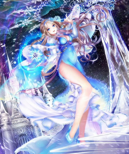 Anime picture 800x960 with kamigoku no valhalla gate toi (4089597) single long hair tall image looking at viewer breasts open mouth blue eyes light erotic blonde hair smile standing bent knee (knees) braid (braids) bare legs sparkle from below twin braids magic