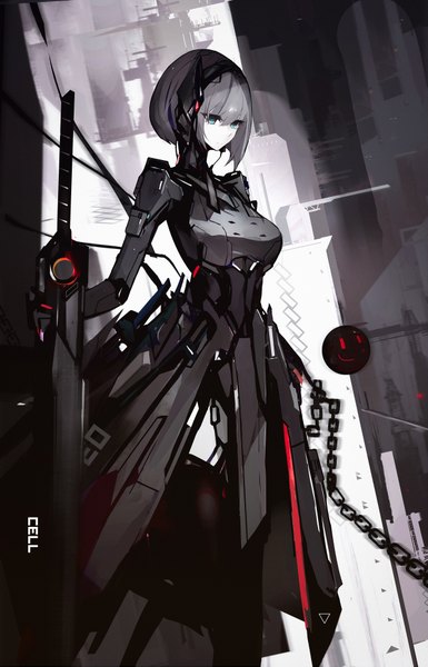 Anime picture 2565x4000 with original cell (acorecell) single tall image fringe highres short hair breasts blue eyes hair between eyes standing signed looking away grey hair pale skin mecha musume polychromatic science fiction girl weapon