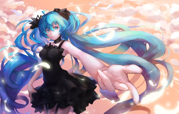 Anime picture 5500x3508 with vocaloid hatsune miku litsvn single looking at viewer fringe highres breasts blue eyes smile standing twintails bare shoulders absurdres sky cloud (clouds) very long hair light smile sunlight outstretched arm