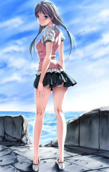 Anime picture 635x1000 with original rezi single long hair tall image light erotic brown hair twintails green eyes sky cloud (clouds) looking back from behind girl miniskirt sea