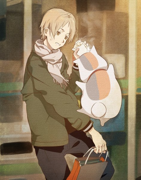 Anime picture 656x834 with natsume yuujinchou brains base (studio) natsume takashi madara (nyanko-sensei) kaisen single tall image short hair blonde hair standing holding brown eyes looking away open jacket jumping steam clenched teeth boy animal food