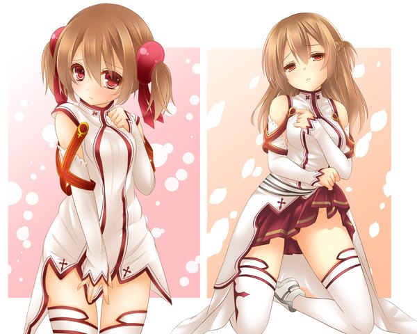 Anime picture 1860x1488 with sword art online a-1 pictures yuuki asuna silica miko (royal milk) long hair highres open mouth light erotic red eyes brown hair twintails bare shoulders multiple girls brown eyes short twintails skirt lift multiview yuuki asuna (cosplay) girl
