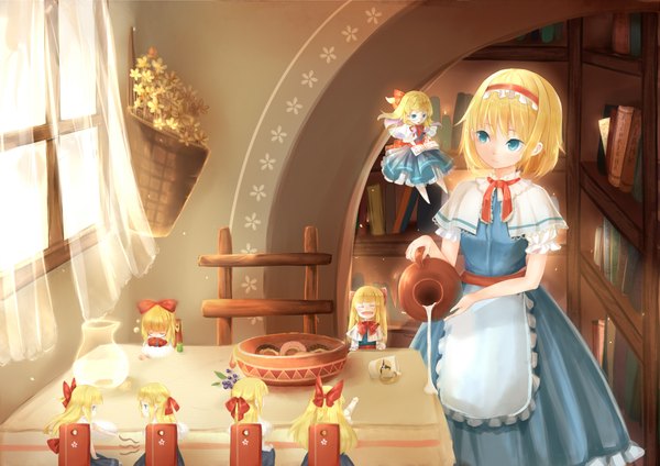 Anime picture 4169x2952 with touhou alice margatroid lu (tabasa1991) highres short hair blue eyes blonde hair absurdres girl dress bow hair bow window hairband book (books) table doll (dolls) milk
