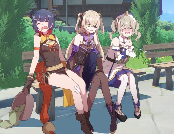Anime picture 1200x924 with genshin impact fischl (genshin impact) barbara (genshin impact) xiangling (genshin impact) oz (genshin impact) hayarob long hair short hair blonde hair sitting twintails multiple girls green eyes blue hair full body outdoors eyes closed bare legs two side up tears