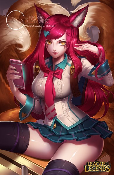 Anime picture 665x1024 with league of legends ahri (league of legends) academy ahri (league of legends) gu-ko citemer single long hair tall image looking at viewer light erotic animal ears purple hair tail animal tail orange eyes facial mark multiple tails whisker markings girl thighhighs skirt