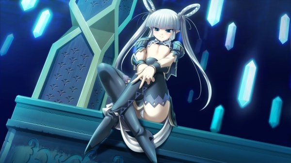 Anime picture 1024x576 with breasts blue eyes light erotic wide image twintails game cg silver hair very long hair pointy ears pantyshot sitting
