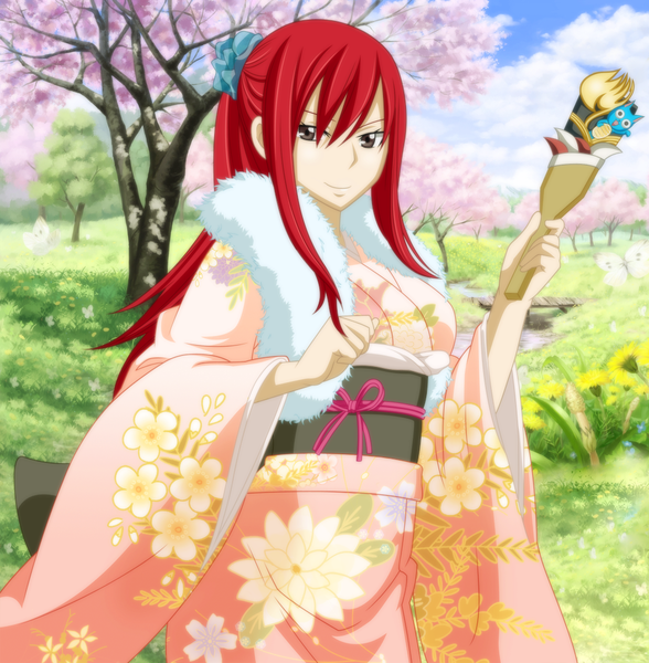 Anime picture 1000x1021 with fairy tail erza scarlet x-ray99 single long hair tall image smile brown eyes sky cloud (clouds) ponytail red hair traditional clothes japanese clothes coloring cherry blossoms river girl flower (flowers) plant (plants)