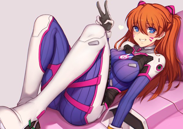 Anime picture 1333x942 with neon genesis evangelion overwatch gainax blizzard entertainment soryu asuka langley d.va (overwatch) meka (overwatch) evan yang single long hair blush fringe blue eyes light erotic simple background smile hair between eyes twintails orange hair grey background