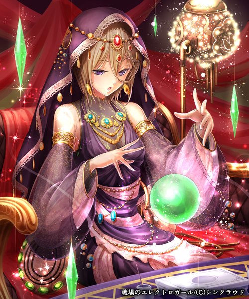Anime picture 1200x1440 with naka (pixiv2133455) single tall image short hair open mouth blonde hair sitting purple eyes signed traditional clothes magic girl detached sleeves earrings jewelry chair necklace table ball crystal