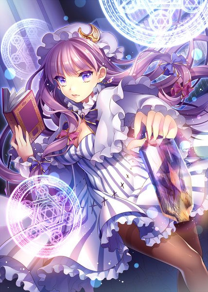 Anime picture 857x1200 with touhou patchouli knowledge masaru.jp single long hair tall image fringe purple eyes looking away purple hair magic striped girl dress bow hair bow earrings pantyhose book (books) bonnet