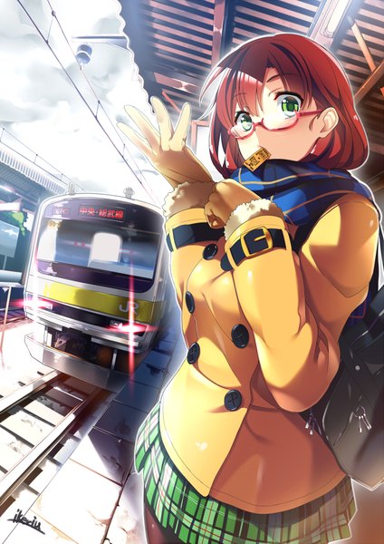 Anime picture 700x990 with original ryuji (ikeriu) single tall image looking at viewer blush short hair green eyes red hair girl skirt glasses jacket scarf train
