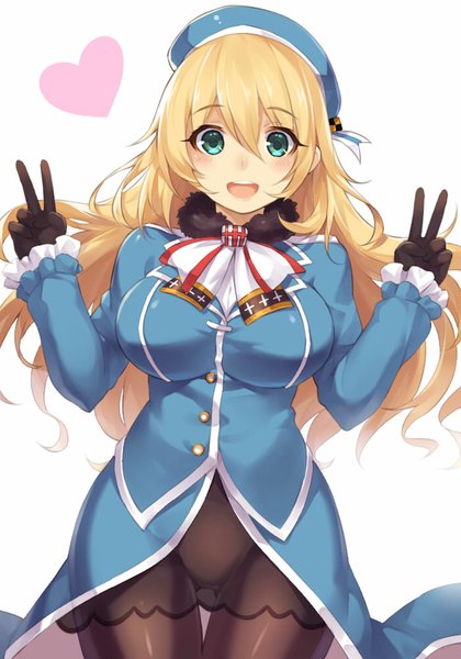 Anime picture 700x1000 with kantai collection atago heavy cruiser suika01 single long hair tall image blush open mouth blue eyes simple background blonde hair white background victory girl dress gloves pantyhose heart beret