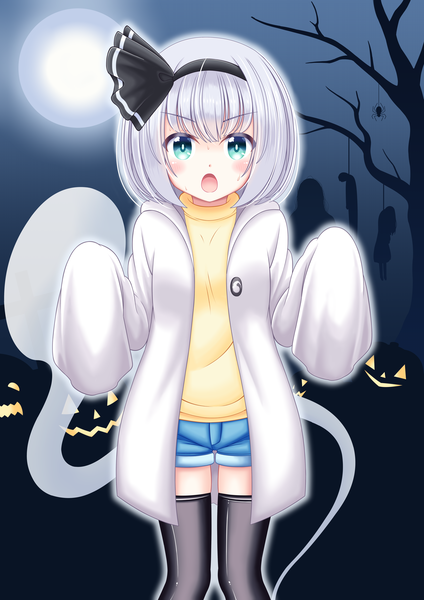 Anime picture 4961x7016 with touhou konpaku youmu myon reimei (r758120518) single tall image looking at viewer fringe highres short hair open mouth absurdres sky silver hair long sleeves aqua eyes open clothes :o sleeves past wrists halloween