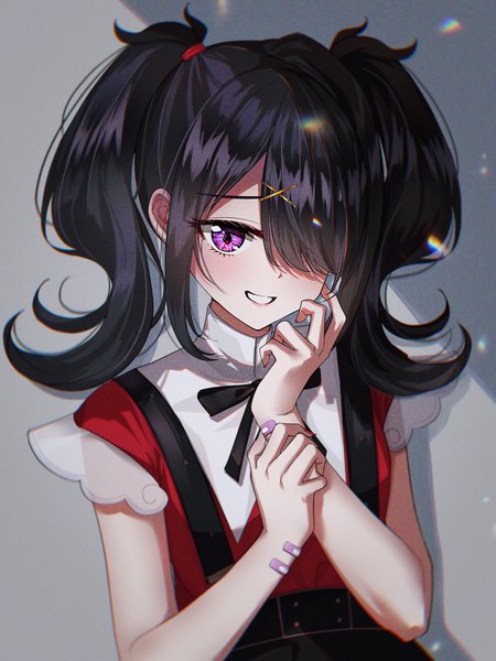 Anime-Bild 1500x2000 mit needy girl overdose ame-chan (needy girl overdose) shirase rin single tall image looking at viewer blush fringe short hair black hair smile purple eyes twintails payot upper body nail polish fingernails hair over one eye grin short twintails
