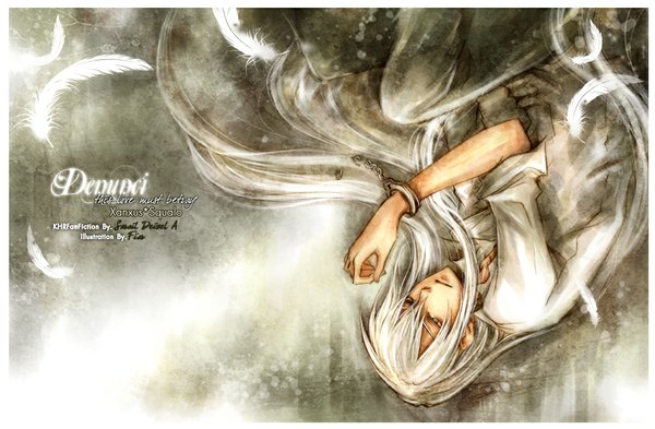 Anime picture 1024x672 with katekyou hitman reborn superbi squalo long hair white hair lying very long hair grey eyes open collar twisty sleeves boy feather (feathers) handcuffs