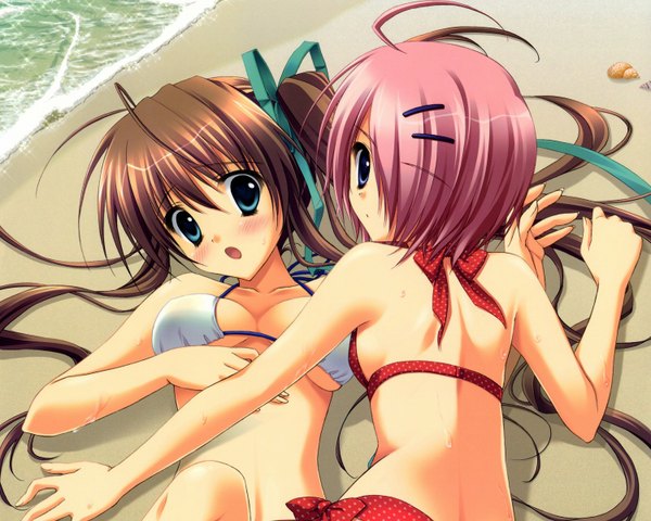 Anime-Bild 1500x1200 mit akane iro ni somaru saka nagase minato shiraishi nagomi ryohka long hair short hair blue eyes light erotic brown hair twintails pink hair swimsuit bikini white bikini red bikini polka dot bikini