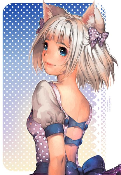 Anime picture 692x1000 with original kawacy single tall image fringe short hair blue eyes blonde hair smile signed animal ears looking back cat ears back polka dot girl dress bow hair bow