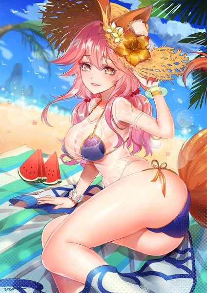 Anime picture 1240x1753 with fate (series) fate/grand order tamamo (fate) (all) tamamo no mae (swimsuit lancer) (fate) sai ichirou single long hair tall image looking at viewer blush fringe breasts light erotic smile hair between eyes large breasts brown eyes animal ears pink hair sky
