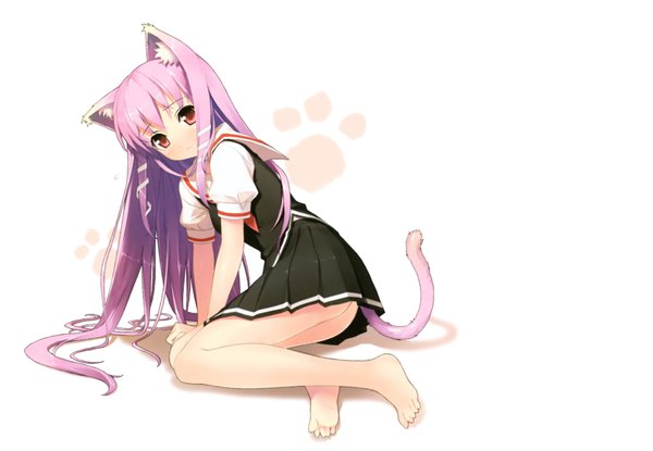 Anime picture 1920x1329 with 5 nenme no houkago (artbook) kantoku single long hair looking at viewer highres light erotic white background animal ears pink hair tail animal tail barefoot cat ears scan cat girl cat tail orange eyes cropped girl