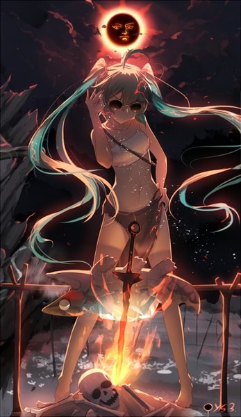 Anime picture 750x1297 with dark souls (series) dark souls dark souls 3 vocaloid from software hatsune miku qys3 single long hair tall image fringe light erotic hair between eyes standing bare shoulders signed cloud (clouds) ahoge arm up aqua hair