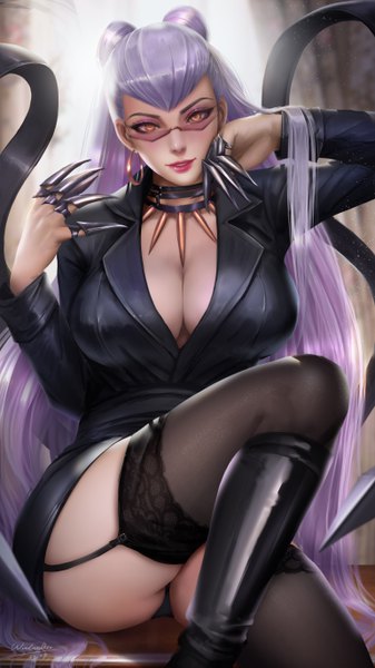 Anime picture 3080x5476 with league of legends k/da (league of legends) evelynn (league of legends) k/da evelynn turewindwalker single tall image looking at viewer blush fringe highres breasts light erotic large breasts sitting brown eyes signed absurdres cleavage purple hair