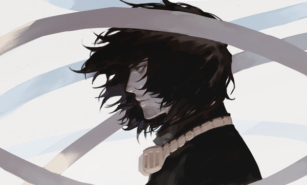 Anime picture 900x544 with boku no hero academia studio bones aizawa shouta alle page single short hair simple background wide image white background brown eyes looking away upper body profile wind dark hair superhero goggles around neck bristle boy bandage (bandages)