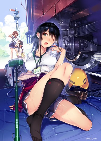 Anime picture 810x1133 with original vania600 long hair tall image looking at viewer blush fringe short hair breasts open mouth light erotic black hair brown hair standing sitting multiple girls holding green eyes signed sky