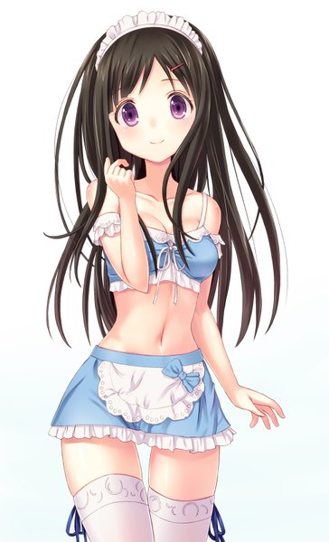 Anime picture 990x1630 with hyouka kyoto animation chitanda eru n.g. single long hair tall image looking at viewer blush light erotic black hair simple background smile white background purple eyes maid girl thighhighs navel miniskirt